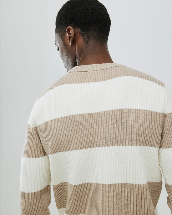 River Island Mens Jumper Cream Slim Fit Stripe Rib Blocked - Image 2