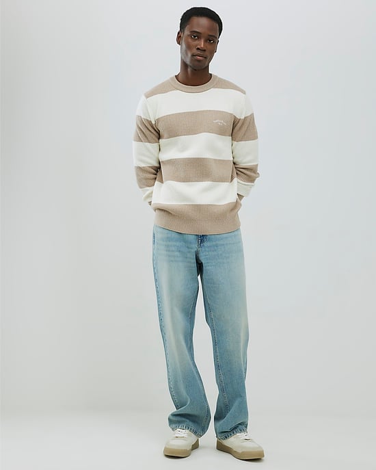 River Island Mens Jumper Cream Slim Fit Stripe Rib Blocked - Image 3