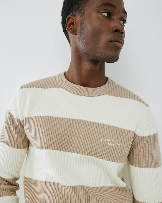 River Island Mens Jumper Cream Slim Fit Stripe Rib Blocked - Image 4