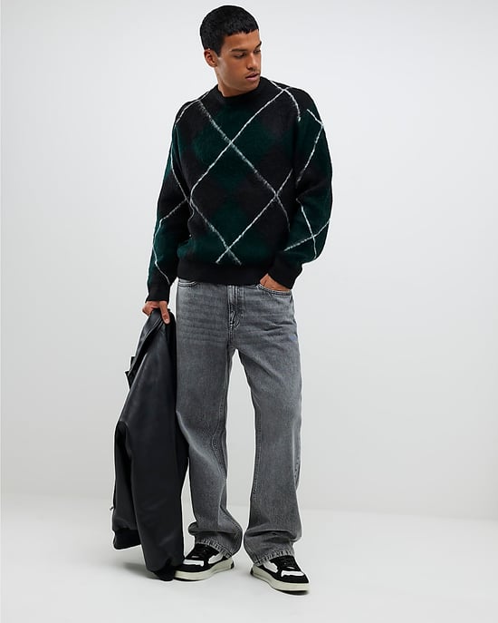 River Island Mens Jumper Green Regular Fit Brushed Argyle - Image 3