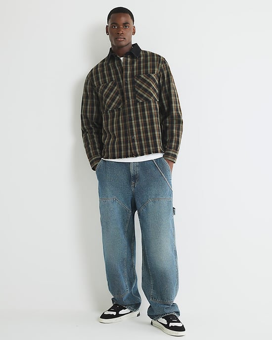 River Island Mens Overshirt Brown Canvas Collar Check - Image 4
