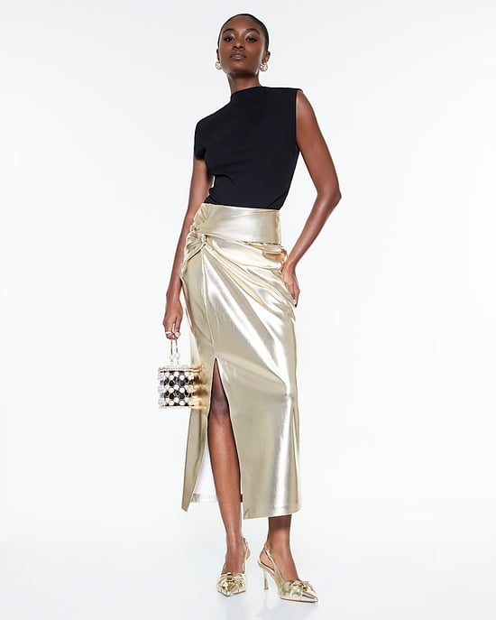 River Island Womens Midi Skirt Gold Faux Leather Twist Side - Image 2
