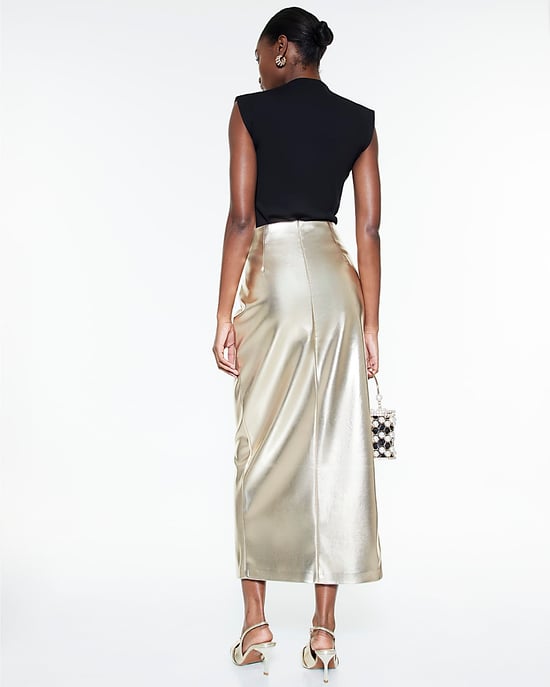 River Island Womens Midi Skirt Gold Faux Leather Twist Side - Image 4