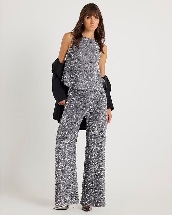 River Island Womens Top Silver Velvet Sequin Sleeveless Bow Back - Image 2