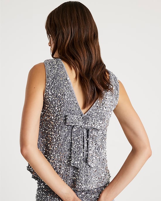 River Island Womens Top Silver Velvet Sequin Sleeveless Bow Back - Image 3