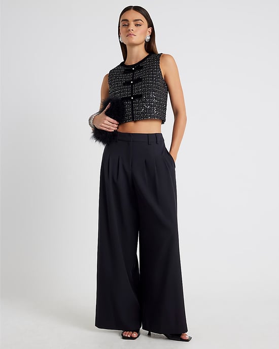 River Island Womens Top Black Boucle Sleeveless Bow Front - Image 1