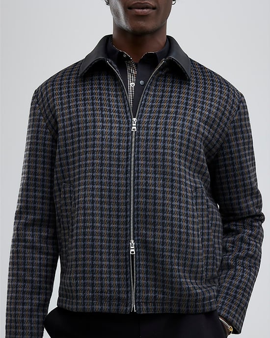 River Island Mens Jacket Black Faux Leather Check Collared - Image 3