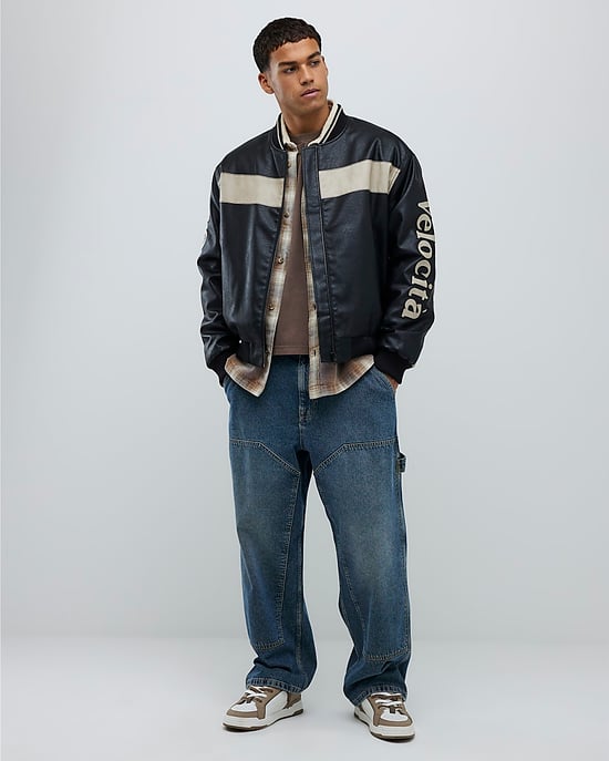 River Island Mens Bomber Jacket Black Sports Faux Leather - Image 2