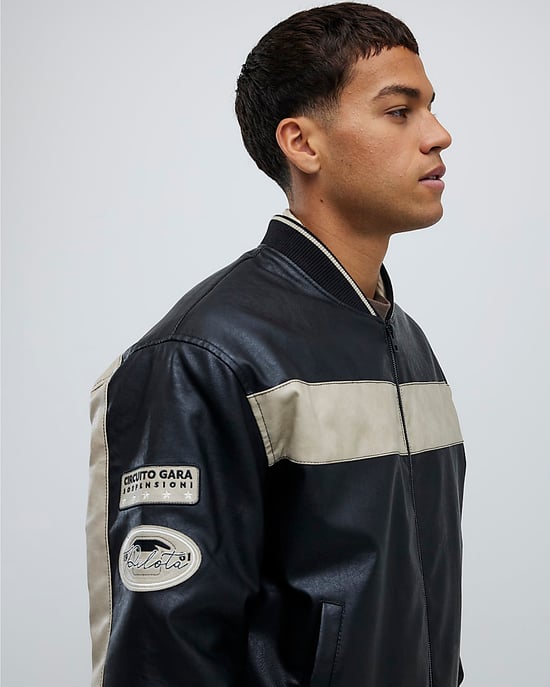 River Island Mens Bomber Jacket Black Sports Faux Leather - Image 3