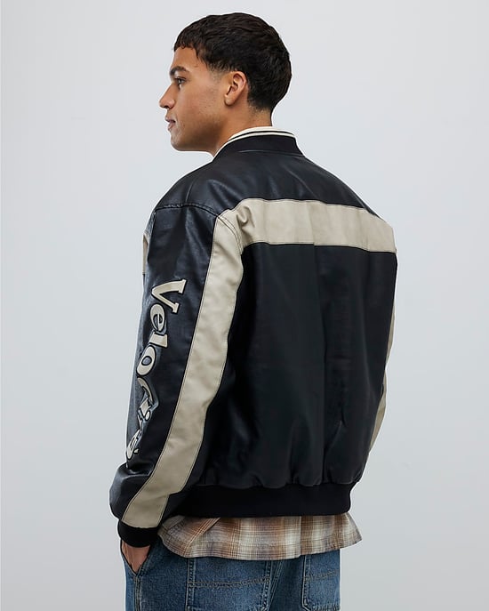 River Island Mens Bomber Jacket Black Sports Faux Leather - Image 4