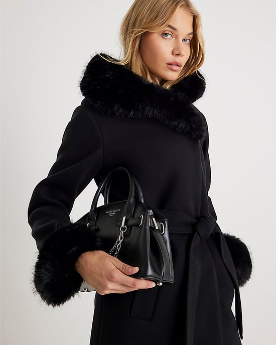 River Island Womens Coat Black Faux Fur Trim Hooded - Image 4
