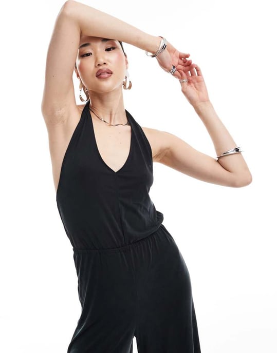 Vila slinky halterneck bredbenad jumpsuit i svart - Image 3