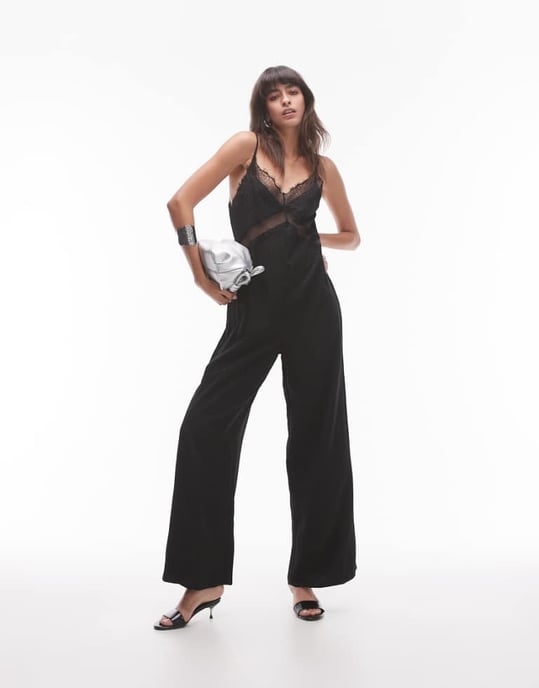 Topshop midi jacquard jumpsuit med spetsbyst i svart - Image 1