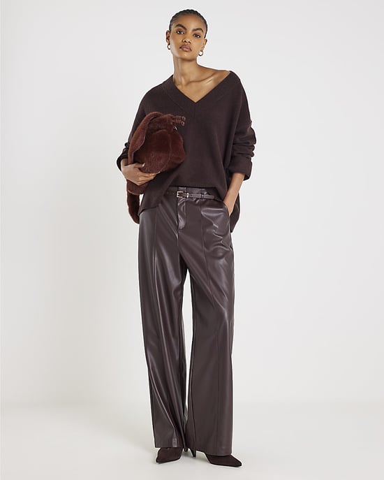 River Island Womens Jumper Brown Knitted V-Neck - Image 3