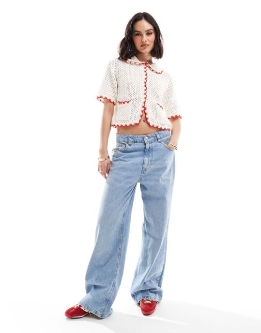 ASOS DESIGN meshstickad cardigan med kantdetalj i krämfärg - Image 2