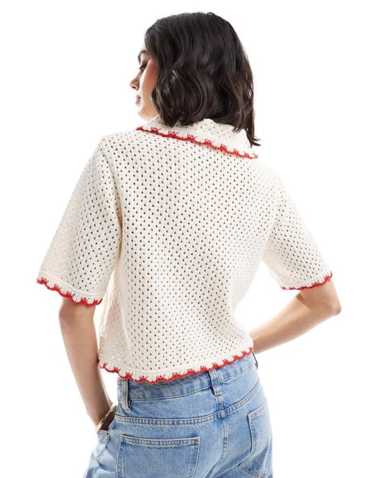 ASOS DESIGN meshstickad cardigan med kantdetalj i krämfärg - Image 3