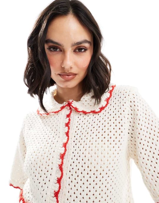 ASOS DESIGN meshstickad cardigan med kantdetalj i krämfärg - Image 4