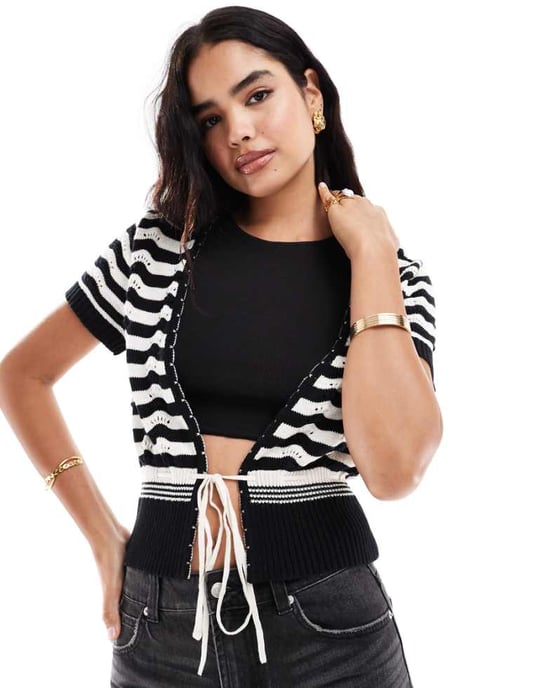 ASOS DESIGN kortärmad kofta i mono pointelle-stickning - Image 1