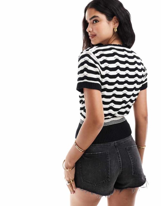 ASOS DESIGN kortärmad kofta i mono pointelle-stickning - Image 4