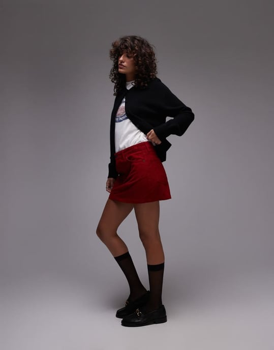 Topshop denim kord minikjol med nederkant i burgundy - Image 2