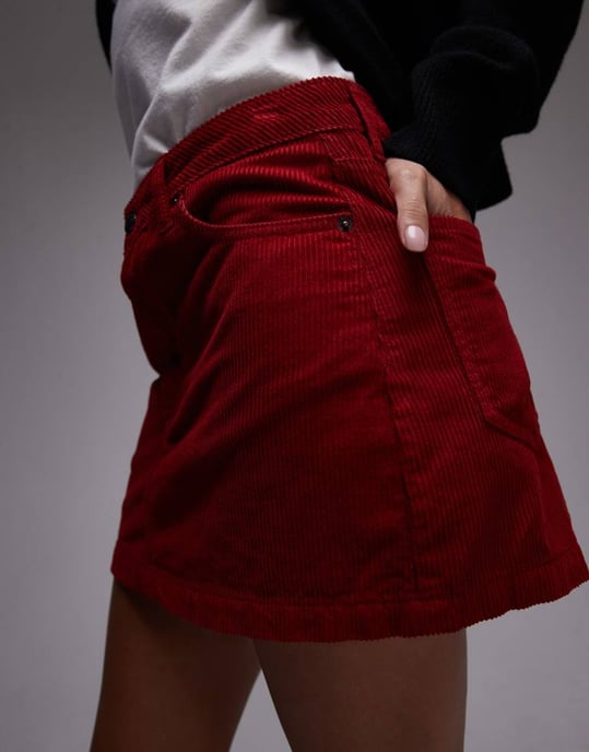 Topshop denim kord minikjol med nederkant i burgundy - Image 3
