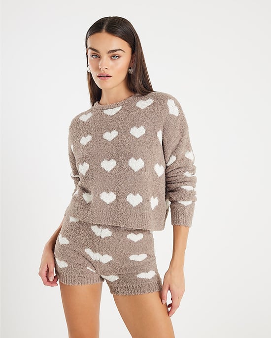 River Island Womens Jumper & Shorts Set 2 Piece Brown Fluffy Heart - Image 1