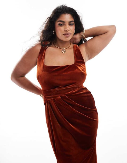ASOS DESIGN Curve sident maxi klänning med fyrkantig hals och draperad kjol i rostfärg - Image 4