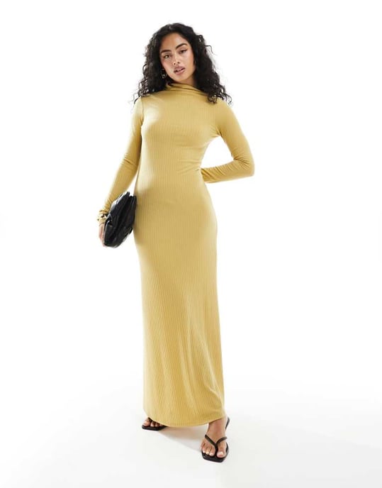 ASOS DESIGN ribbad asymmetrisk rynkad hals maxi klänning med lång ärm i gul - Image 3