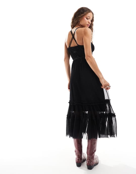 Återvunnen vintage tulle maxiklänning med corsagebälte och halsband i svart - Image 4
