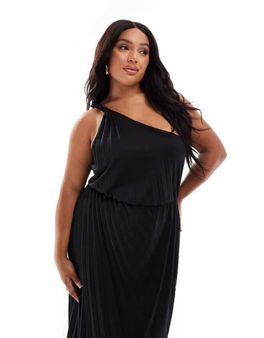 ASOS DESIGN Curve twist enaxlad plisserad maxiklänning i svart - Image 3