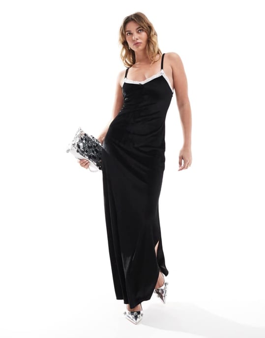 Miss Selfridge sammet maxi klänning med spetsdetalj - Image 1