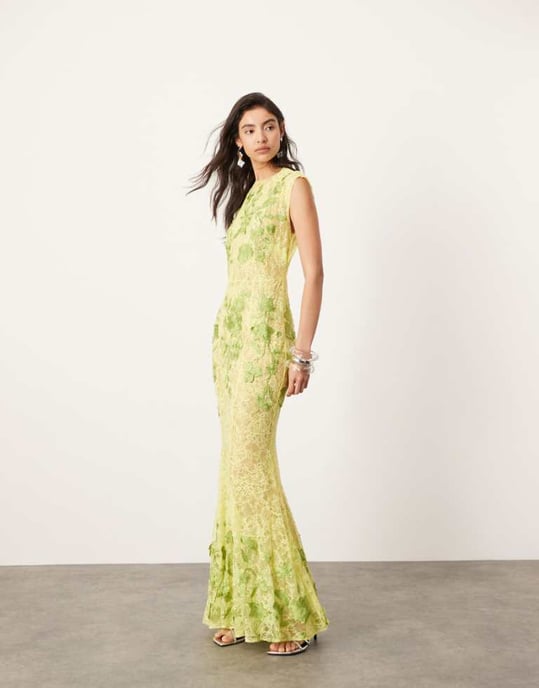 ASOS EDITION genomskinlig broderad blommig spetsmaxiklänning med öppen rygg i limegrön - Image 1
