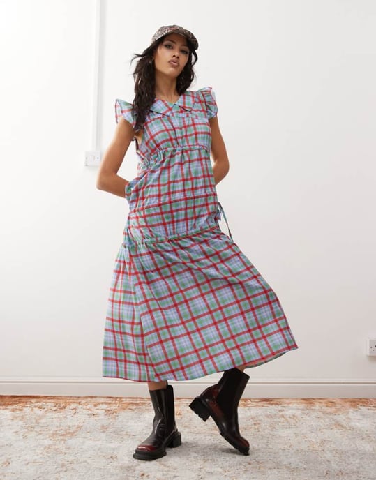 Återvunnet vintage maxiklänning med asymmetrisk rynkning och krage - Image 1