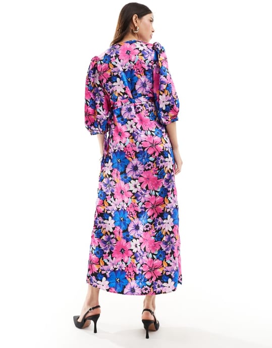 Vila satinomslagsklänning i maxi längd med lila blommönster - Image 4