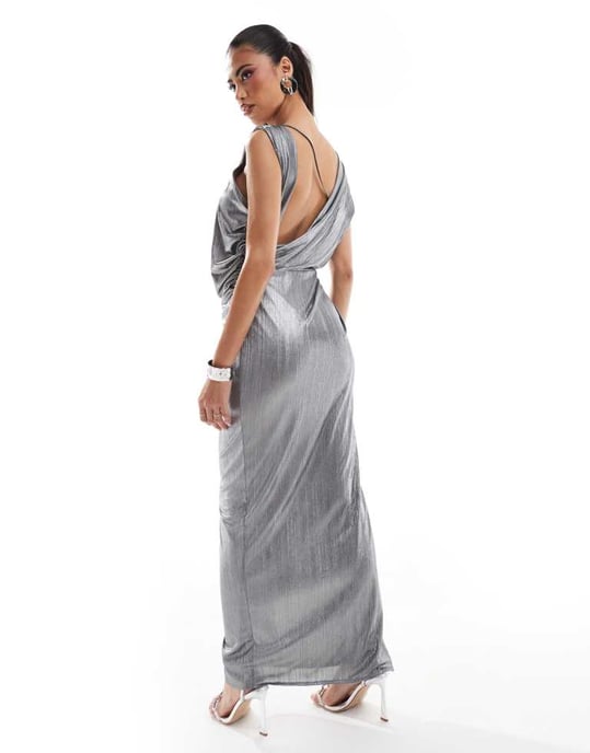 ASOS DESIGN metallisk drapey maxiklänning i gunmetal silver - Image 2