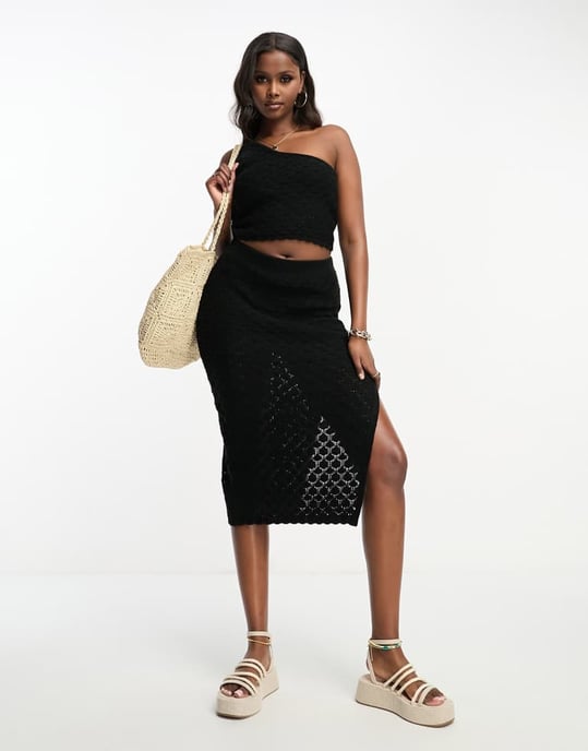 ASOS DESIGN virkad topp med en axel i vågmönster i svart set - Image 2