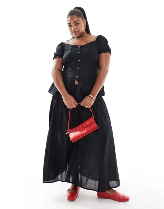 ASOS DESIGN Curve puffärmad knapp-up mjölkerska topp i svart - Image 2