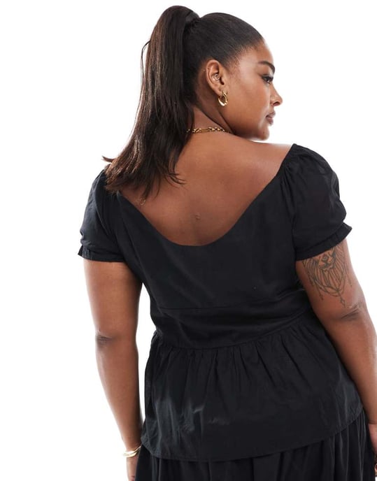 ASOS DESIGN Curve puffärmad knapp-up mjölkerska topp i svart - Image 3