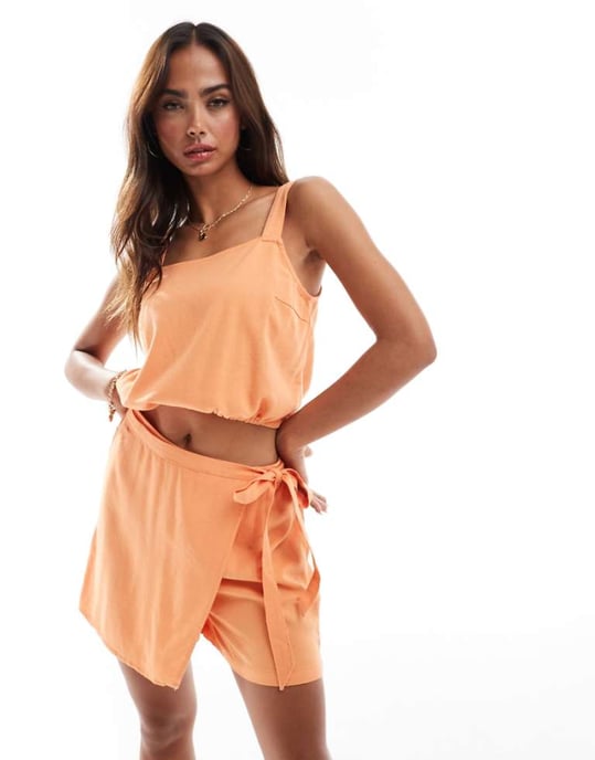 Vero Moda linneblandning kort topp set i orange - Image 1
