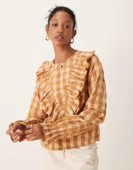 ASOS DESIGN långärmad topp med volang v-detalj i rutigt mönster - Image 1