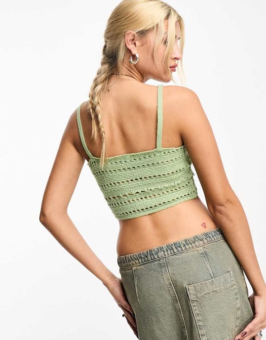 Noisy May virkad stickad kort topp i khaki - Image 4