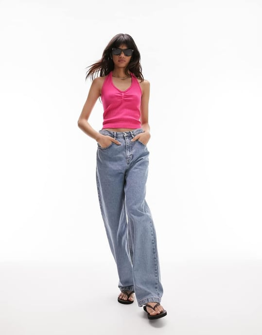 Topshop sömlös rynkad front halterneck topp i rosa - Image 4