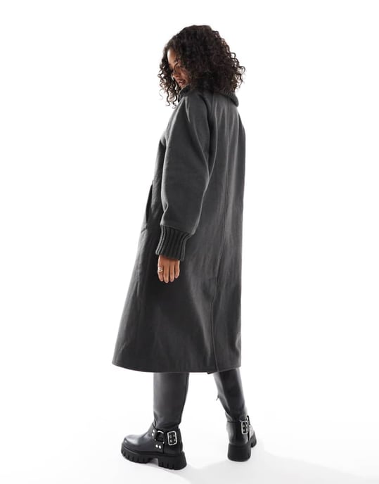 ASOS DESIGN stickad krage lång kappa i kolgrå - Image 2