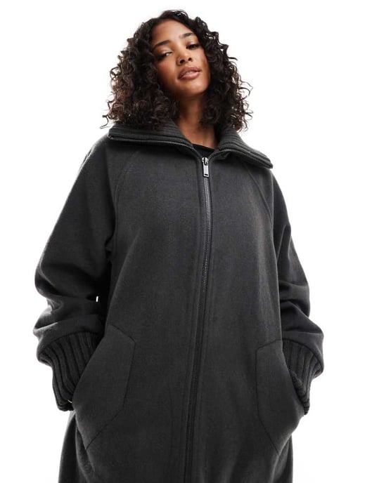 ASOS DESIGN stickad krage lång kappa i kolgrå - Image 4