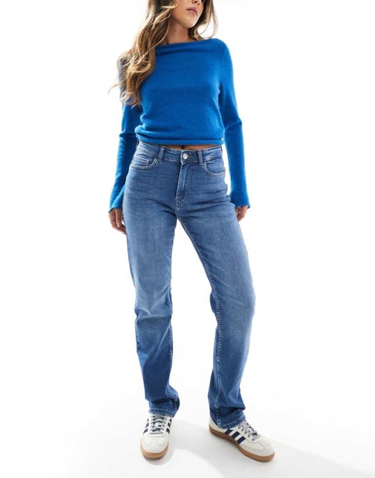 ONLY Jane mid waist raka jeans i mellanblå tvätt - Image 1