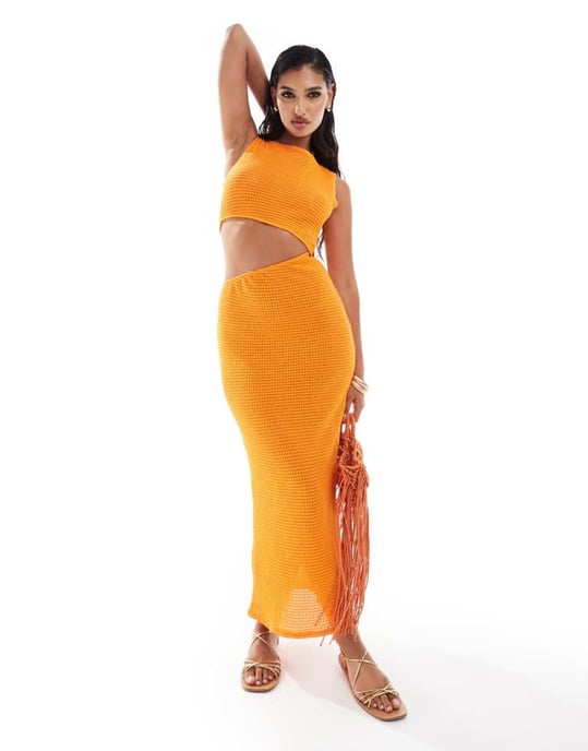 ASOS DESIGN texturerad cutout ärmlös midi-klänning i orange - Image 1