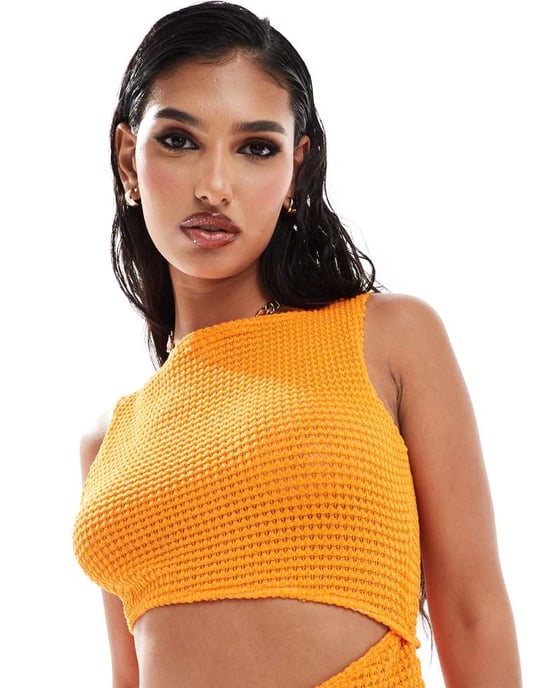 ASOS DESIGN texturerad cutout ärmlös midi-klänning i orange - Image 4