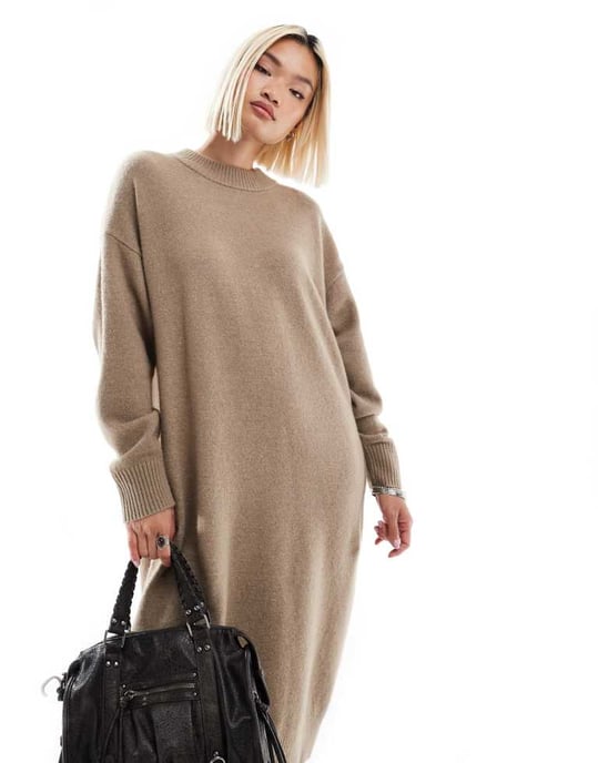 Monki långärmad stickad midiklänning i beige - Image 2