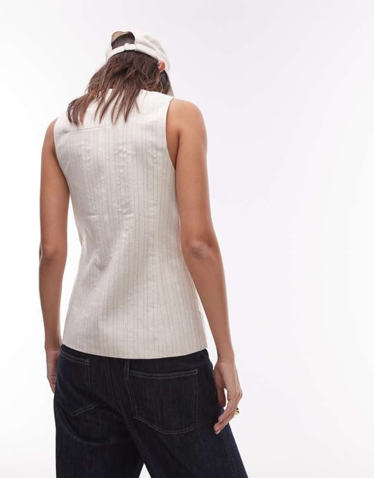 Topshop randig linne ärmlös skjorta i havre - Image 3
