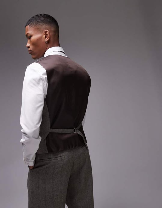 Topman premiummixad ullblandning randig herringbone väst i brunt - Image 2